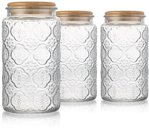Danmu Art Tea Coffee Sugar Canisters Sets Glass Jars with Lids Set of 3 Glass Airtight Storage Jars with Bamboo Lids (Begonia, 1000ml)
