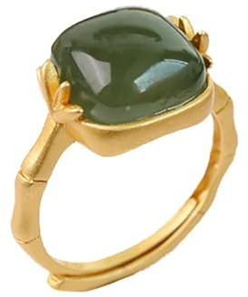 Lllunimon Natural Hetian Jade Ring, Zierliche 14K Gold Plattiert 925 Sterling Silber Green Jade Ringe Statement Verstellbare Ringe Schmuck Geschenk Für Frauen