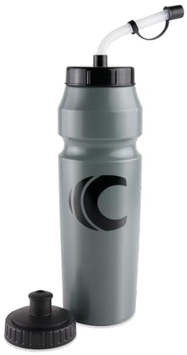 Sport-Wasserflasche mit Strohhalm und Druckdeckel, BPA-frei, auslaufsicher, ideal für Sportarten, die Helme benötigen, wie Hockey, Lacrosse, Fußball, Boxen, 1 l, Grau