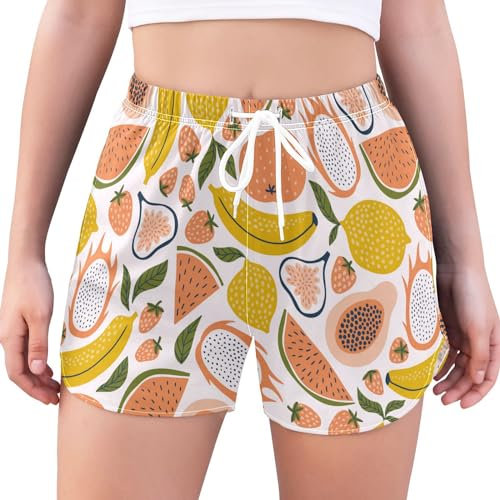 Yuiboo Shorts mit Taschen, exotische Früchte, bunte Damen-Shorts, hohe Taille, elastische Strandshorts für Damen für den Strand, Exotische Früchte, bunt, XX-Large