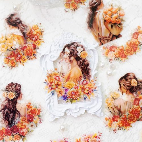 Scrapbooking Stickers Zubehör,60pcs Mädchen,Blumen Stickers Aesthetic Decoration Adhesive Stickers for Album Crafts, Calendar Planner, DIY Art,Bullet Journal(Flowers & Characters)