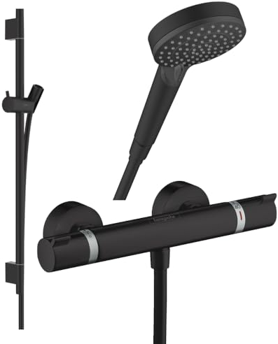 Pack mitigeur douche thermostatique HANSGROHE Ecostat Comfort + Barre Unica S Puro + flexible+ Pommeau Vernis Blend Vario noir mat