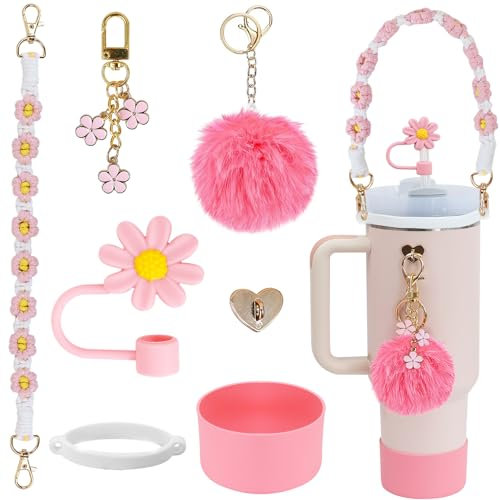 LACGO Stanley Cup Accessories Set of 7PCS Including Silicone Boot, Boho Woven Handle Strap, Straw Cover Cap, Stanley Charms for Stanley Cup 30/40oz Tumbler（Pink）