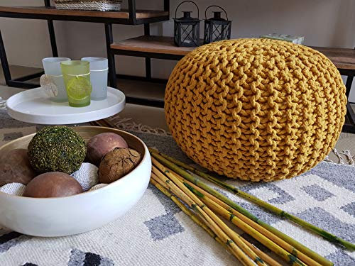 Abato Premium Sitzhocker Strick-Hocker Pouf extra stabil 45x45x30cm 100% Baumwolle, vom Designer entwickelt und kontrolliert, echte Handarbeit (gelb)