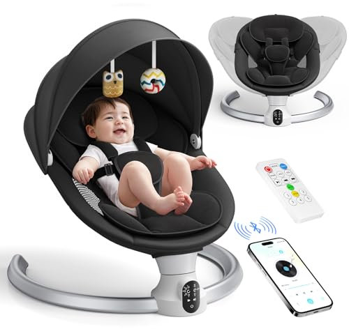 Helangel Columpio para bebés, balancín eléctrico con aplicación y mando a distancia, arnés de 5 puntos mejorado, 10 canciones Bluetooth y 5 velocidades, soporta 9 kg