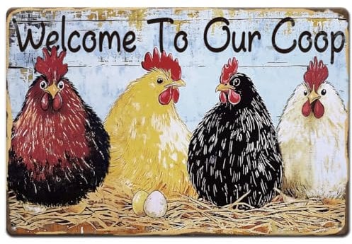 SUPERDANT Cartel de metal con diseño de gallo con texto en inglés Welcome To Our Coop, placas de pared, animales de granja, póster de arte vintage para el hogar, sala de estar, cocina, despensa