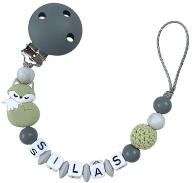 Personalisiertes Baby Geschenk mit Namen Junge Fuchs Kette grau grün