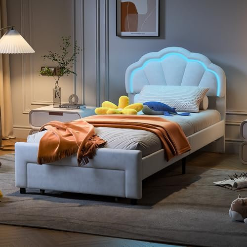 LEMCC Mädchen Bett 90x200, LED Kinderbett Mit Blütenblatt Muschel Kopfteil, Prinzessinnenbett Mit 1 Schubladen, Jugendbett Stauraumbett Bett Mit Stauraum, Gepolsterte Betten Mit Lattenrost, Samt