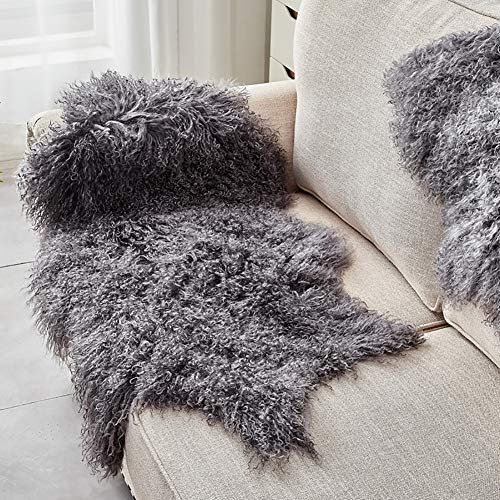 Luxuriöser mongolischer tibetischer Schaffell-Teppich, 100 % Wolle, weich, gelockt, für den Bereich oder Sessel, Grau, 60 x 95 cm