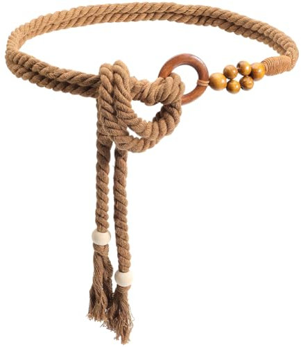 craspire Ceinture Tissée Bohème pour Femme Couleur Marron Coco Pompon Fait à la Main Tissage en Coton Anneau de Perles Nouées Décoration pour Vêtements Longue Taille Chaîne Fine pour Robe de Femme