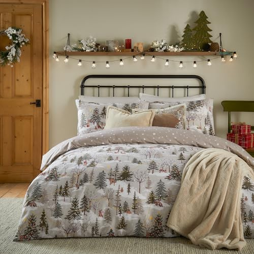Furn. Forest Festivities Bettbezug-Set – Wendbare Weihnachtsbettwäsche im Walddesign (Natur – Doppelbett), Natürlich