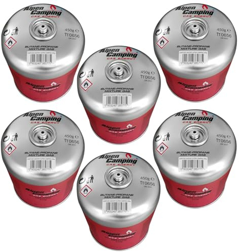 Alpen Camping 6-er Pack 450 g Gaskartusche EN 417 Propan‑Butan 7/16″ Gewinde – für Kocher Outdoor Brenner Zeltlager Reise – Zertifiziert PI 0437 – Einsatz von – 10 °C bis + 40 °C (6 Stück)