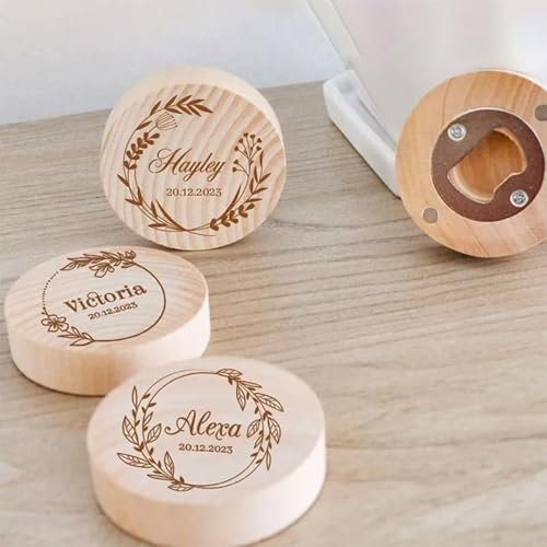 Abridor de botellas de madera personalizado, recuerdo de boda, abrebotellas redondo de madera personalizado, recuerdo de fiesta de boda (100 unidades)