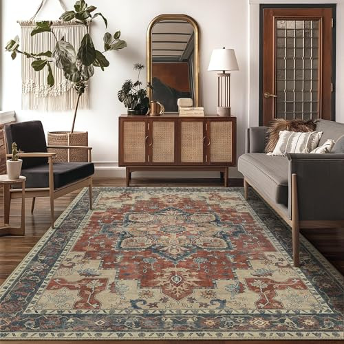 GENIMO Large Rug 160x230cm Heritage Red Washable Non-Slip Vintage Boho Area | Big Classic Mat in Classic Red with Oriental Pattern Machine Cleanable, Anti-skid, Great for Making A Statement in Any Room
