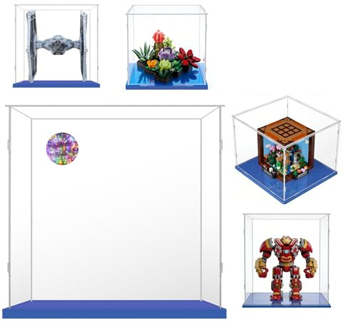 Vitrine 20x20x20 für Lego 21265 75300 76247 10309 31133 40613 | für Lego Minecraft,Imperial TIE Fighter,Hulkbuster,Botanicals,Acryl,Klar,Staubdicht,Einfach Installieren,Blau Basis