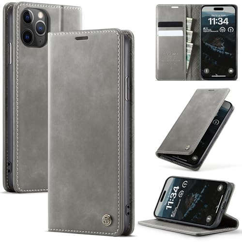 owlhold iPhone 11 Pro Max hülle klapphülle Premium PU Leder, RFID Schutzhülle, Faltbare Ständer, Handytasche Lederhülle Kartenfach Standfunktion Handyhülle iPhone 11 Pro Max - Grau
