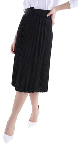 Damen Plissee Rock Knielang Faltenrock Plisseerock Made in Italy A-Linie mit Gürtel Elastisch Taille Midirock (DE/NL/SE/PL, Alphanumerisch, M, L, Regular, Regular, Schwarz)