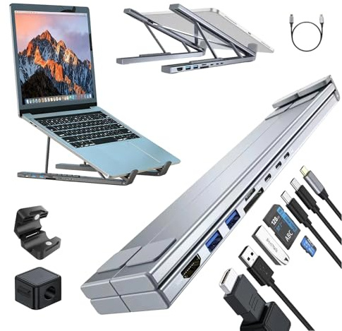 USB C Laptop Docking Station Stand, 8-in-1 with 4K HDMI | Foldable USB-C Hub Laptop Stand with Docking Station 100W PD, Card Slots for MacBook Pro/Air, iPad Pro, XPS, Thinkpad