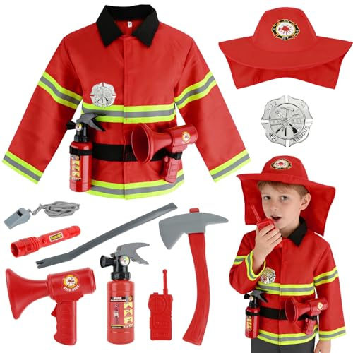 Fantspati Feuerwehr Kostüm für Kinder, 11-teiliges Rollenspiel Set mit Jacke, Feuerlöschgeräte für Jungen und Mädchen ab 3-7 Jahren - Realistische Feuerwehrmann Ausrüstung für fantasievolles Spielen