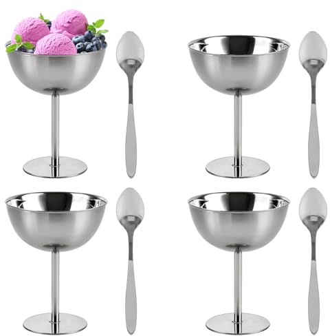 LDXDRU 4 PCS Dessert Bowls, 4 x 4.5in 200ml Ice Cream Cups, Silver Stainless Steel Sundae Glasses, Pudding Bowl for Ice Cream, Pudding, Cake