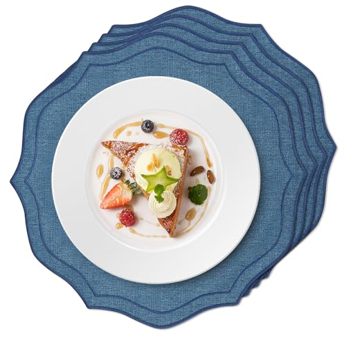 fanquare Tovaglietta Rotonde in Tessuto di Poliestere con Bordo Ondulato,39cm Set da 4 Tovagliette da Tavola Effetto Lino Blu scuro Lavabili per Cucina Feste e Uso Quotidiano