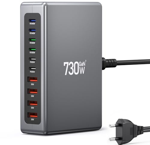 Cargador USB C de 730 W, GaN de 10 puertos, cargador USB para portátil, teléfonos móviles, tabletas, estación de carga rápida de varios puertos con 6 USB C + 4 USB A, fuente de alimentación PD