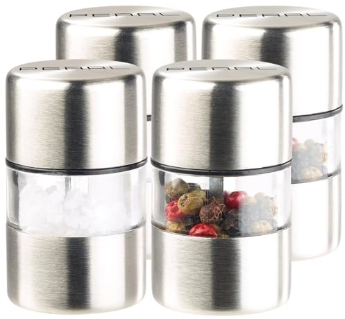 PEARL Camping Pfeffermühle: 4er-Set Mini-Salz-/Pfeffermühle, Edelstahl, Keramikmahlwerk, Ø 3 cm (Kleine Salz und Pfeffermühle, Reise Gewürzmühle)