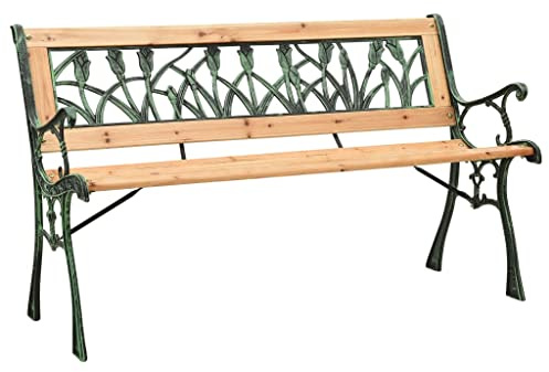 TUERYAFEK Gartenbank 122 cm aus massivem Tannenholz mit Gusseisenbeinen, nostalgisches Design für Terrasse und Garten, dekorative PVC-Rückenlehne mit Tulpenmuster