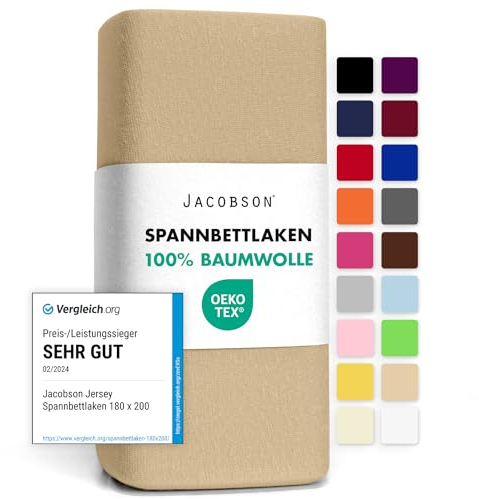 Jacobson Jersey Spannbettlaken Spannbetttuch Baumwolle Bettlaken (180x200-200x200 cm, Beige)