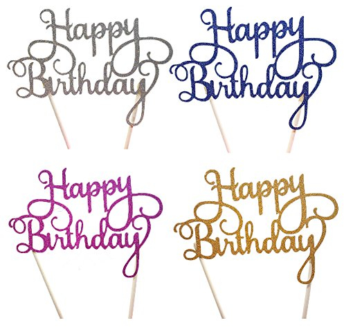 DesignerBox Pack of 4 Happy Birthday Cake Topper Birthday Cupcake Decoration Party Supplies – Gold, Silver, Blue and Rose Red