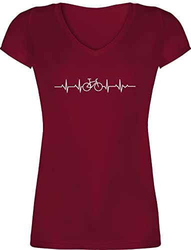 T-Shirt Damen V Ausschnitt - Fahrzeuge - Herzschlag Fahrrad I Rad Geschenke Mountainbiker Geschenk I Fahrradfahrer I - M - Bordeauxrot - fahrradoutfit Frauen männertagsgeschenke MTB Tshirt