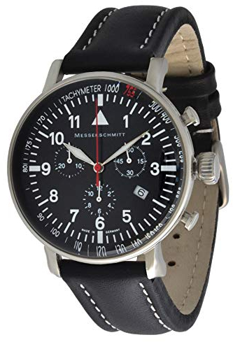 Messerschmitt Fliegeruhr Quarz Chronograph ME-755 Tachymeter Lynette Schweize Quarz Ronda 5030D Uhrwerk (Leder Schwarz)