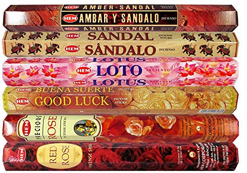 HEM Lot de 6 bâtons d'encens de qualité supérieure et parfums naturels – Ambre, sandale, lotus, bonne chance, rose précieuse, rose rouge – 20 g chacun, pour la prière, la méditation, le yoga, la