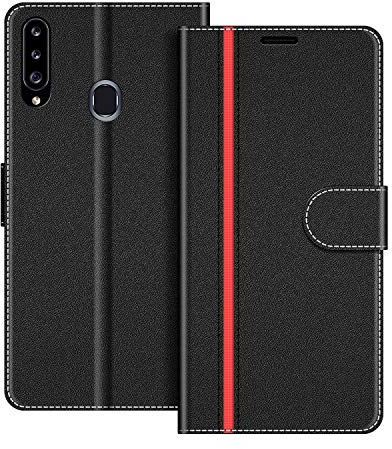 COODIO Coque en Cuir pour Samsung Galaxy A20S, Étui Housse Pochette Fonction Stand pour Samsung Galaxy A20S, Noir/Rouge