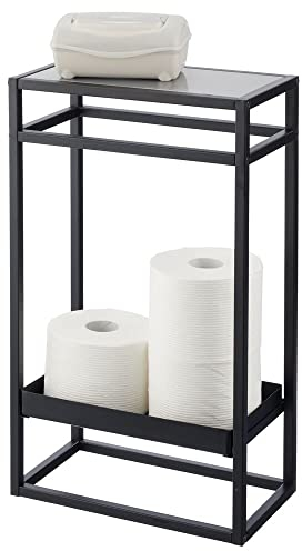 mDesign Toilettenpapierhalter freistehend – moderner Papierrollenhalter mit Aufbewahrung für Ersatzrollen – stilvoller Klopapierhalter aus Metall mit Ablage – Mattschwarz/grau