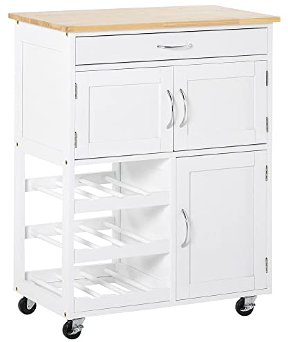 HOMCOM Desserte de Cuisine Multi rangements 2 placards tiroir casier 9 Bouteilles MDF Blanc Plateau Bois Caoutchouc