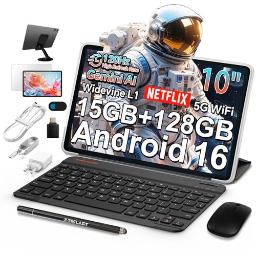 TECLAST P30T Android 16 Tablet 10.1 Pollici 120Hz Tablets Gemini AI, 15GB RAM+128GB ROM(TF 5TB), 2GHz Octa-Core, 5G WiFi/Widevine L1/GPS/6000mAh, Tablet con Tastiera+Custodia+Penna+Mouse, 10 Accessori
