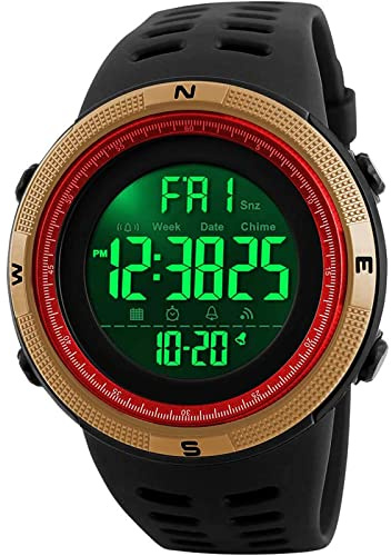 SKMEI Digitale Sportuhr für Herren, 50 m, wasserdicht, LED, Militär, Multifunktions-Armbanduhr, Stoppuhr, Countdown, automatisches Datum, Alarm, Schwarz/Gold-Rot, Chronograph, Digital, Smartwatch