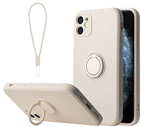 Sitthyw für iPhone 12 Hülle mit Ring Halter Ständer & Silikon Handschlaufe Handyhülle Ultra Dünn Stoßfest Kameraschutz Case 360° Autohalterung Bumper Schutzhülle für iPhone 12, Beige
