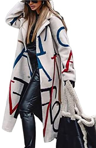 Onsoyours Damen Langer Mantel Mode Herbst Frühling Jacke Winddichter Mantel Brief Druck Casual Übergangsmantel Freizeit Outwear Herbstjacke A Beige S