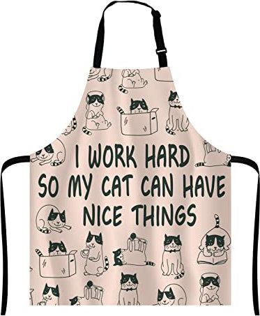 Wasach Schürze mit lustiger Katzen-Aufschrift I Work Hard So My Cat Can Have Nice Things, verstellbares Halslätzchen für Männer und Frauen, geeignet für Küche, Kochen, Kellnerin, Koch