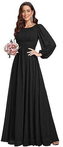 Ever-Pretty Damen Long Mutter Der Braut Abendkleider Lange Ärmel Chiffon Rundkragen Ärmellos Elegant Schwarz 44EU