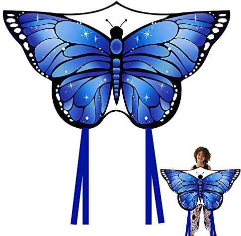 VLEDARLING Papillon Cerf-Volant pour Enfants et Adultes, Cerfs-Volants Papillon Colorés, avec Cordon de 100Mètres, Le Cerf Volant Papillon à Longue Queue (Bleu)