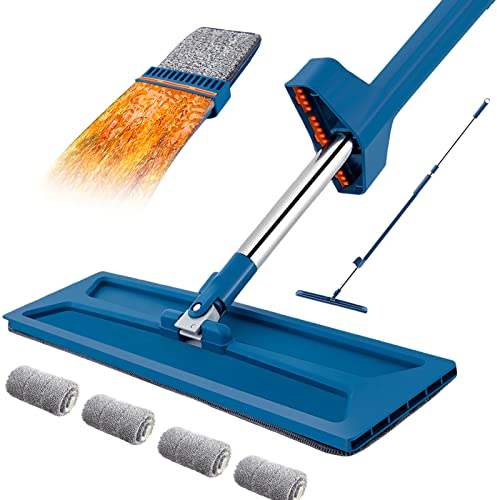Escoba de fregona con escurridor, fregona de limpieza rotativa de 360° con 4 almohadillas de microfibra para almacenamiento de pie, para limpiar suelos de madera dura, baldosas y laminados (azul)