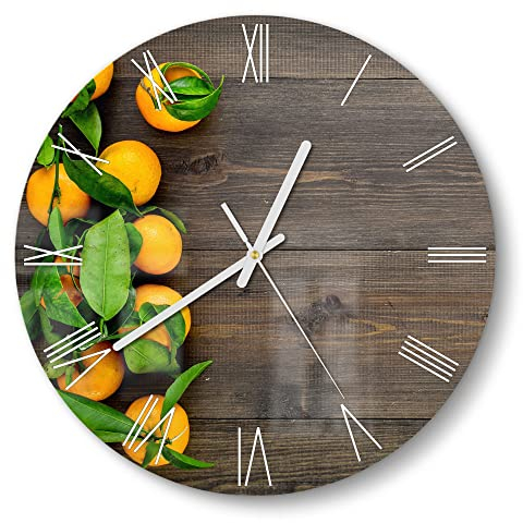 DEQORI Glasuhr | rund Ø 30 cm | Motiv Orangen auf Holzbrettern | ausgefallene leise Design Uhr aus Glas | Wanduhr für Wohnzimmer & Küche | moderne Hingucker Uhr für die Wand