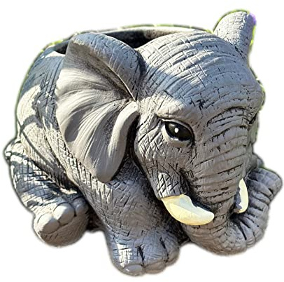 Darthome Cement Elephant Planter 20cm Drainage Hole Grey African Animal Outdoor Plant Pot