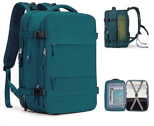 SZLX Großer Reiserucksack Damen, Handgepäck Rucksack,Wanderrucksack Wasserdichter Outdoor-Sportrucksack Lässiger Tagesrucksack Schultasche Fit 14 Zoll Laptop mit Schuhfach und Laptopfach,Olivgrün