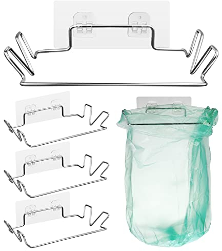 4 Sets of Stainless Steel Wall Mounted Trash Bag Holders for Kitchen and Bathroom Organization Easy to Install Garbage Bag Hangers with Stickers