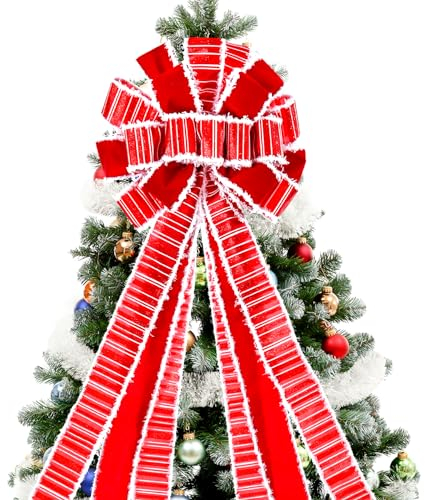 Weihnachtsbaumspitze, Kranz, Schleife, große rote Weihnachtsschleife, Baumspitze, Sackleinen mit weißem Polyester-Rand, Geschenk, Erntedankfest, Innen- und Außenbereich, 114,4 x 33 cm