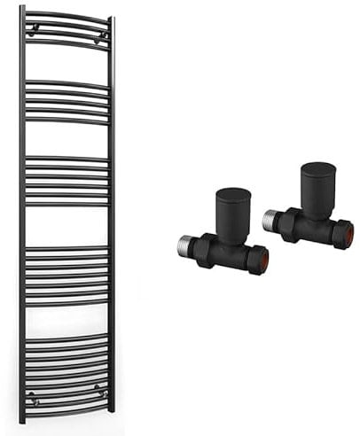 Myhomeware 450mm Wide Curved Black Radiator Bathroom Towel Rail Radiator For Central Heating Bathroom Heated Towel Rail (450 x 1800 mm (h), With Black Straight Valves)